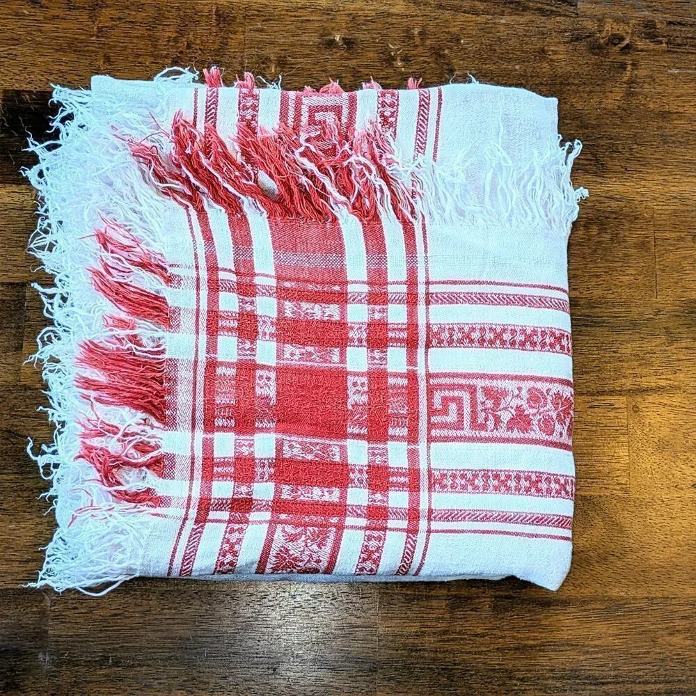 White & Red Linen Fringe Vintage Tablecloth